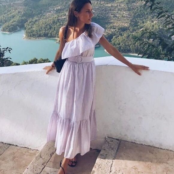 Mango Asymmetric Belted Striped Cotton Dress - Picture 1 of 5